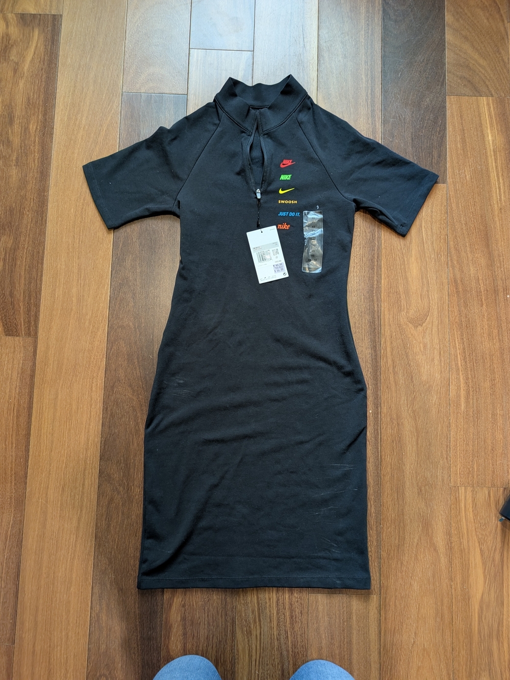 Nike Black Mini Dress with Multicolor Logo Zip